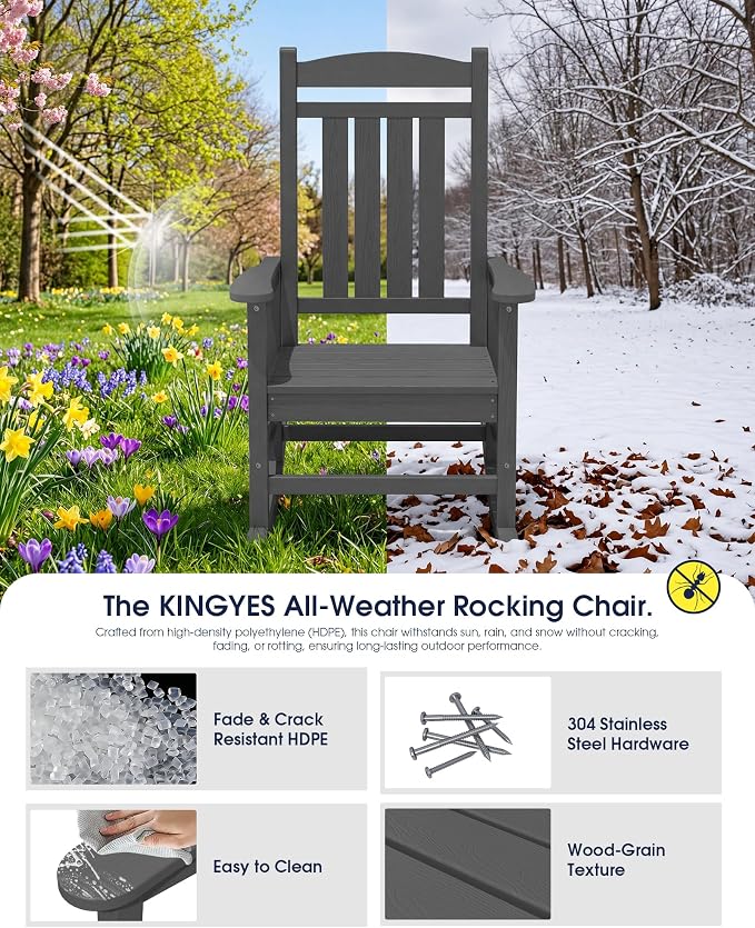 KINGYES Oversized Outdoor Rocking Chairs, HDPE All-Weather Patio Rocking Chairs High Back Porch Rocker for Adult, Gray - Image 5