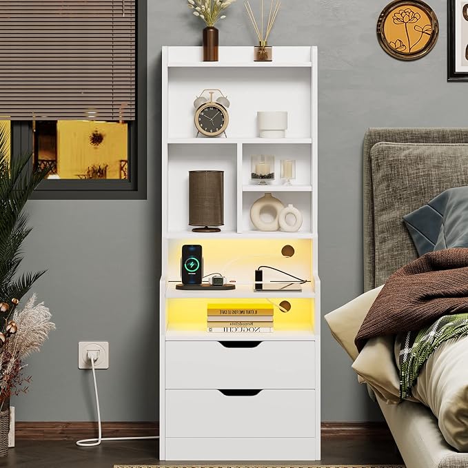 ADORNEVE Tall Nightstand Set of 2,LED Night Stand with Charging Station,Bedside Table with Bookshelf and Drawers,White Side Tables Bedroom,13.8" D x 17.7" W x 50" H - Image 5