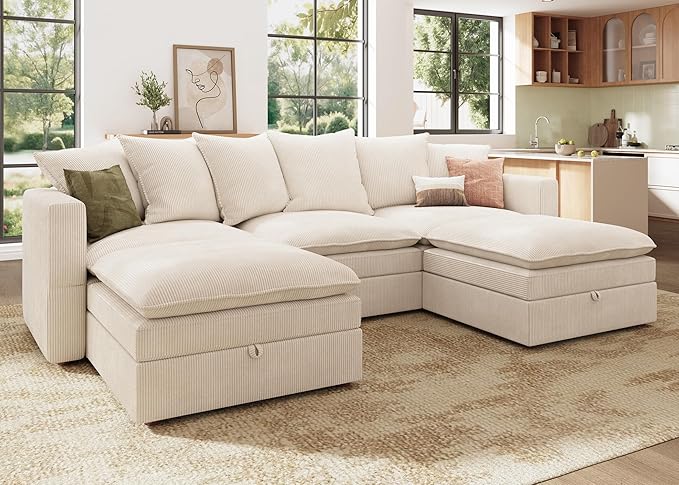 HONBAY Modular Sectional Sofa, 105.5 Inch Deep Seat U Shaped Couch with Storage & Adjustable Armrest Backrest, Beige