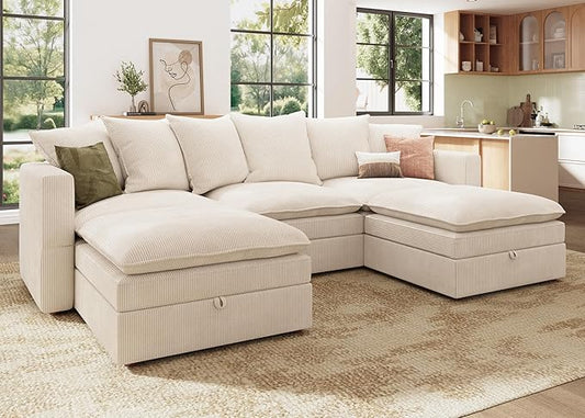 HONBAY Modular Sectional Sofa, 105.5 Inch Deep Seat U Shaped Couch with Storage & Adjustable Armrest Backrest, Beige