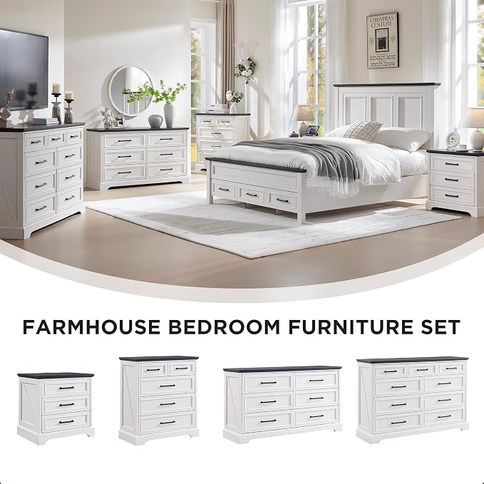 ACCOHOHO Farmhouse Nightstand with Charging Station, 22 Inch Wide End Table with 3 Large Drawers & Bar Handles, Rustic Wood Small Dresser Chest of Drawers for Bedroom, Living Room, Closet, Off White - Image 4