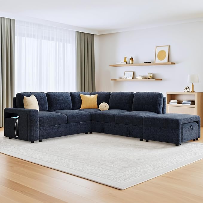 ERYE L-Shaped Multifunctional Sleeper Sectional with Hidden Storage and Cupholders, Modern Pull Out Sleeper Convertible Sofa Bed W/Storage Chaise, Ottoman, USB-C Ports