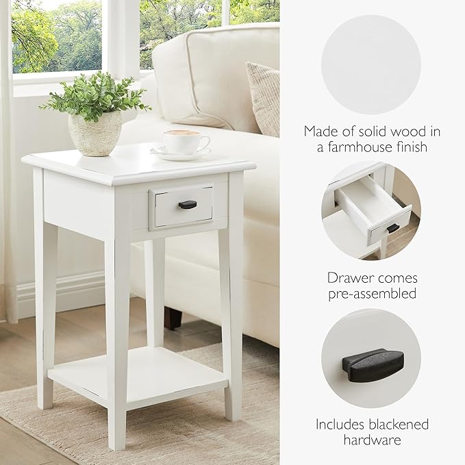 Leick Home Haven Ridge Square End Table, One Drawer Side Table, Farmhouse White, 214379