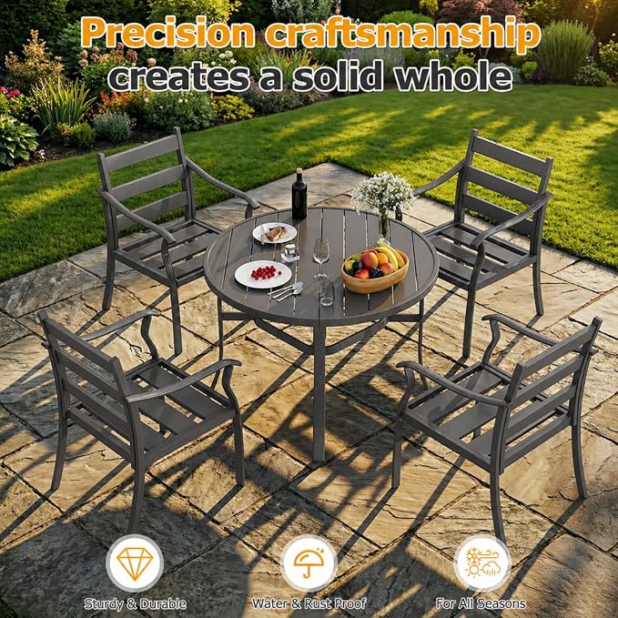 EROMMY 5-Piece Round Outdoor Patio Dining Set, 4 Metal Slat Chairs & Round Table with Umbrella Hole, All-Weather Outdoor Furniture for Backyard, Garden and Poolside - Image 7
