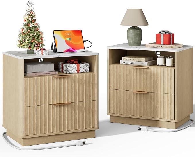 Fluted Nightstand, Night Stand Set 2, 23" Wide Nightstands Set of 2 with Charging Station & Faux Marble Top, 2 Drawer Large End Table w/Storage, Modern Bedside Table for Bedroom,Natural Oak by FavourLife