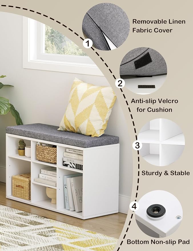 DINZI LVJ Shoe Storage Bench with Cushion, Cubby Shoe Rack with 9 Cubbies, Adjustable Shelves, Multifunctional Shoe Organizer Bench for Entryway, Mudroom, Hallway, Closet and Garage, White - Image 4