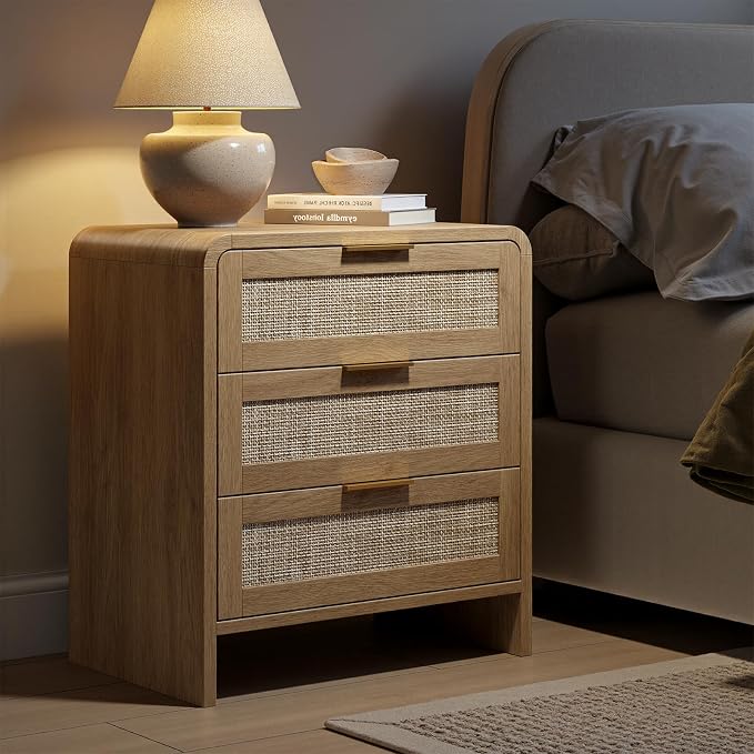 Evermagin 23" Wide Rattan Night Stand with 3 Drawer, Boho Nightstand with Storage, Wooden Bedside Table End Table for Bedroom, Light Oak - Image 7
