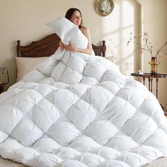 KAKABELL Pinch Pleat Goose Down Feathers Fiber Comforter Twin Size All Season-Ultra Soft and Cozy Noiseless Duvet Insert with Egyptian Cotton Blend Cover,Fluffy Warm Comforter Insert(White,68"X90")