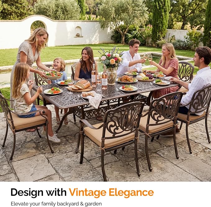 VINGLI 9 Pieces Outdoor Dining Set, Cast Aluminium All-Weather Patio Dining Set for 8 with Umbrella Hole, Outdoor Dining Table and Chairs with Cushion for Yard, Garden, Porch and Poolside, Bronze - Image 6
