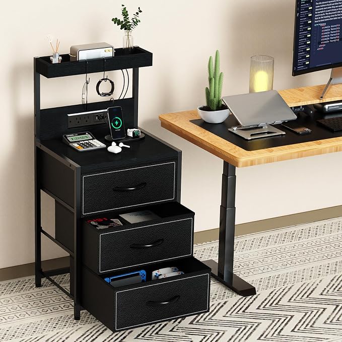 SZLHANJZ LED Nightstand with Charging Station, Night Stand with 3 Drawers and Lights, Storage Side Table with Shelf and Hooks, Tall End Table for Bedside, Bedroom, Modern Black - Image 5