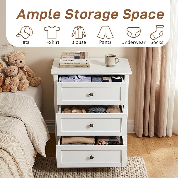 Karl home Farmhouse Nightstand with Charging Station, Wide End Table with 3 Large Drawers & Mental Handles, Wood Small Side Table of Drawers for Bedroom, Closet, White - Image 9