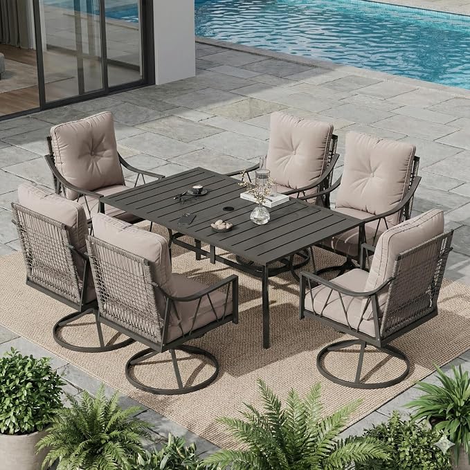 EROMMY 7-Piece Outdoor Patio Dining Set, 6 Wicker Swivel Rocking Chairs with 4" Cushions, Rectangular Table with Adjustable Umbrella Hole for Backyard, Deck, Black by EROMMY