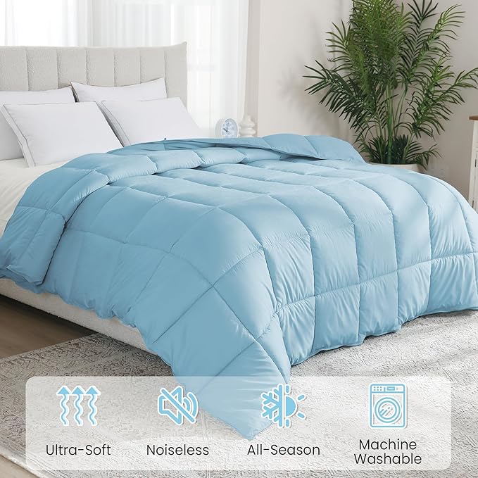 Peace nest Queen Size Goose Feather Fiber and Down Comforter Fluffy Duvet Insert All Season Hotel Luxury Bedding Comforters Soft Medium Warmth 88x88 Inches Blue