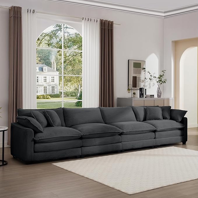 KEIKI 150" Oversized Corduroy Modular Sectional Cloud Sofa with High-Density Foam Cushions, Removable Armrests, Upholstered Modern 4-Seater Fluffy Corner Couch with 6 Pillow, for Living Room, Grey