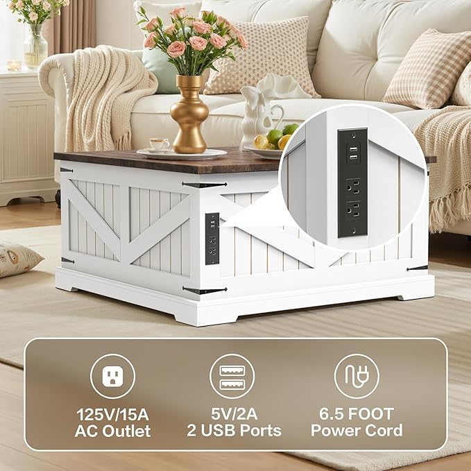 36" Lift Top Coffee Table with Storage and Charging Station, Farmhouse Square Coffee Table with Hidden Compartment, Adjustable Laptop Desk for Living Room, USB Ports and Outlets