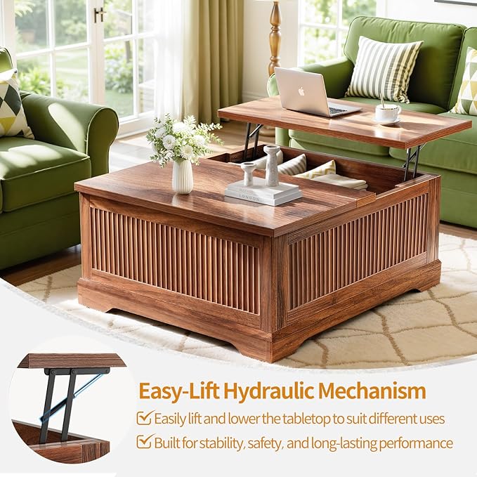 Lift Top Coffee Table with Storage, Fluted Coffee Tables with Lifting Top, Modern Farmhouse Square Center Table for Living Room, Home Office, with Hidden Compartment, Flip-Up Lids, Walnut
