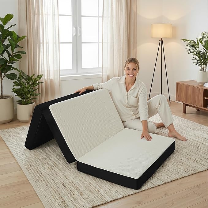 Foldable Mattress Full, Memory Foam Tri-Fold Mattress with Removable Washable Cover, 4 inch Folding Mattresses Floor Bed Sleeping Pad for Guest, RV, Travel, Camping, White, 73"x52"x4"