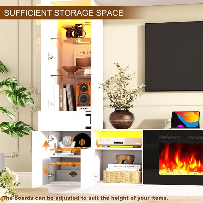 107" Wall Unit Entertainment Center with 40" Electric Fireplace & Bookshelves, Modern High Glossy TV Stand with Storage Shelves & Bridge Cabinet & LED Lights, Media Console for Living Room,White - Image 3