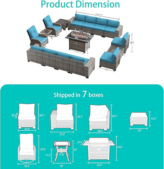 16-Piece Outdoor Patio Furniture Set with Rocking Swivel Chair, PE Wicker Rattan Sectional Sofa Patio Conversation Set with 55,000 BTU Fire Pit Table & Coffee Table, Turquoise