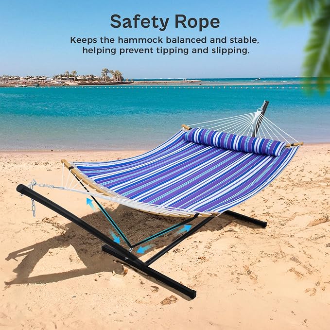 SUPERJARE Curved-Bar Hammock with Stand, 2 Person Heavy Duty Hammock Frame, Detachable Pillow & Portable Carrying Bag, Perfect for Outdoor & Indoor, Deep Ocean Fine Stripe - Image 4
