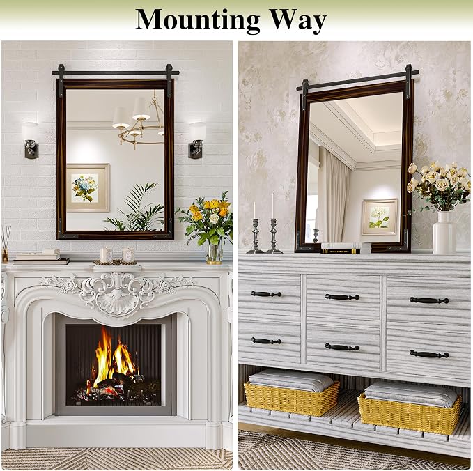 Farmhouse Bathroom Mirror, 28x36 Inch Black Brown Vanity Mirror for Wall, Wood Framed Rustic Mirror Rectangular Wall Decor Mirrors for Entryway Living Room Bedroom - Image 5