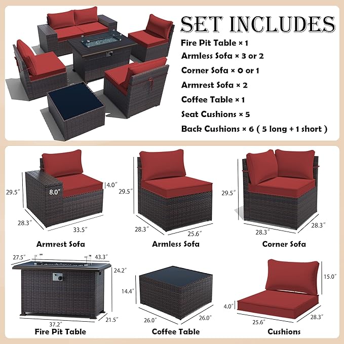 Gotland 7 Pieces Patio Furniture Set with 55000BTU Fire Pit Table, Wicker Patio Set with Wide Armrests 29.5'' High Backrest Thick Cushions 1 Coffee Table, Outdoor Furniture for Porch Deck Red