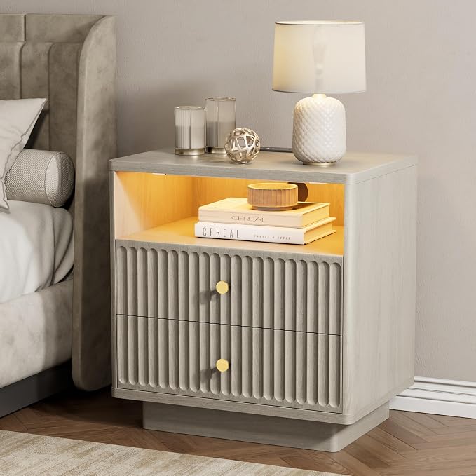 PAPROOS 23'' Fluted Nightstand with Charging Station, Modern Bedside Table with Motion Sensor LED Light, 2-Drawer Storage Cabinet for Bedroom & Home Office(1 pc Beige Gray) - Image 2