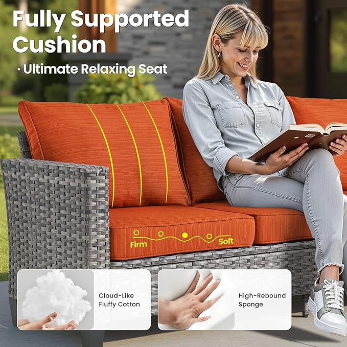 ovios Patio Furniture Set, 8 Pieces Outdoor Wicker Sofa Couch with Chairs, Ottomans and Comfy Cushions, All Weather High Back Rattan Conversation Set, Orange Red