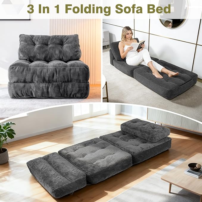 Art3d Folding Sofa Bed, Convertible Sleeper Sofa Bed with Pilow & Back Support, 3 in 1 Long Futon Boneless Couch, Comfy Floor Couch for Living Room, Bedroom, Dark Gray