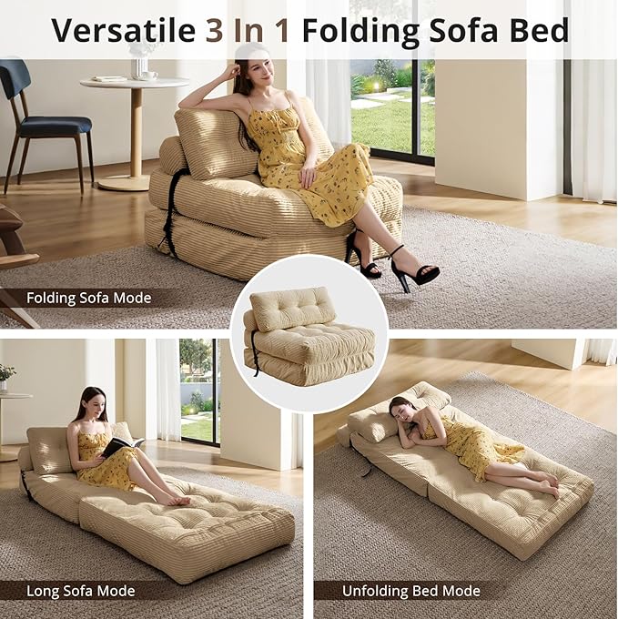Folding Sofa Bed, Convertible Sleeper Chair with Pillow, Foldable Mattress with Back Support, Portable Floor Sofa Lounge for Living Room Bedroom Dorm
