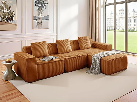 L-Shaped Corner Corduroy Sectional Sofa 4 Seat Modular Boneless Sofa Foam Cloud Couch with Movable Ottoman and Toss Pillows,Modern Deep Seat Convertible Chaise Sofa