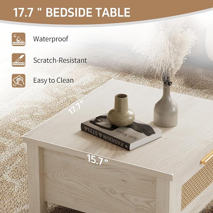 Set of 2 Nightstands, Modern End Table with Drawer and Storage Shelf, Rattan Night Stand for Bedroom Living Room Small Spaces, White Cream - Image 5