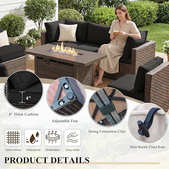 Patio Furniture Set with Fire Pit Table 5 Piece All Weather PE Rattan Outdoor Sectional Sofa Couch with 4 x arm Sofa, No-Slip Cushions for Garden, Poolside, Backyard (Black)