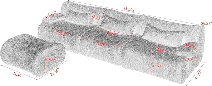 117" L-Shaped Compressed Sectional Cloud Sofa, Chenille Upholstered Modular Tufted Sofa with 4 Pieces, Modern Floor Boneless Foam Modular Cloud Couches for Living Room