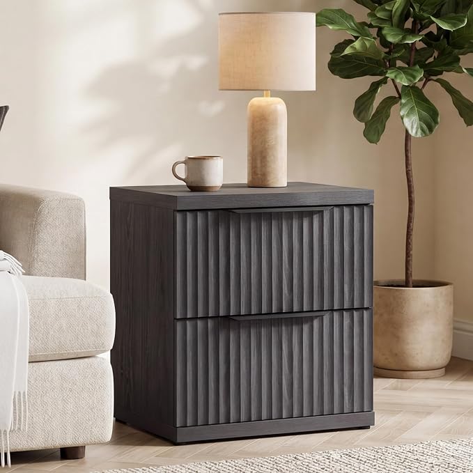 SICOTAS Fluted Night Stand Set 2 - Modern Nightstand with 2 Large Drawers, 22 Inch Wide Bedside Table for Bedroom, Mid Century Bed Side Tables Bedroom, Dark Grey Alder - Image 2