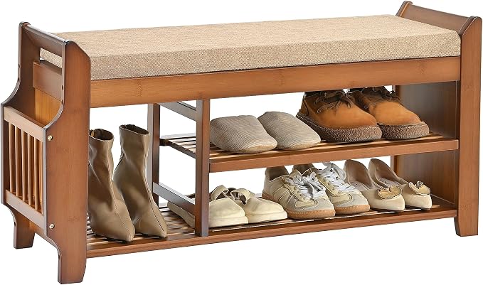 PETKABOO Shoe Bench with Hidden Drawer and Side Holder, 2 Tier Entryway Bench with Storage 39.4 in, Bamboo Shoe Rack with Cushion for Entryway Hallway Living Room Bedroom - Image 10