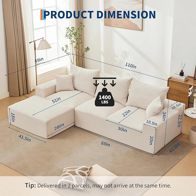 110" Modular Sectional Sofa Couches for Living Room, Cloud Memory Boneless Couch, No Assembly Required,Comfy Cloud 3-Seater Couch with Chaise, Memory Foam Sofa for Offices, Bedroom and Apartment