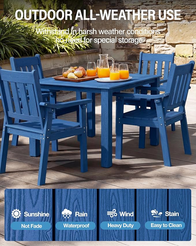 YEFU HIPS Patio Table Set: 5 Piece Outdoor Square Table and Chairs with Metal Aluminum Frame - Blue Modern Plastic Patio Dining Furniture Set 4 Person for Outside Deck - Image 3
