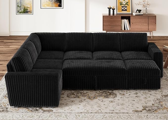 HONBAY Modular Sectional Sleeper Sofa with Pull Out Bed,Corduroy U Shaped Couch with Storage, Sectional Couches for Living Room,Black