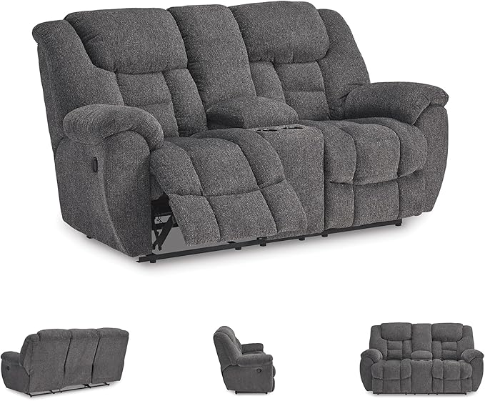 Signature Design by Ashley Foreside Contemporary Stain Resistant Manual Double Reclining Loveseat with Console, Storage and Cup Holders, Gray