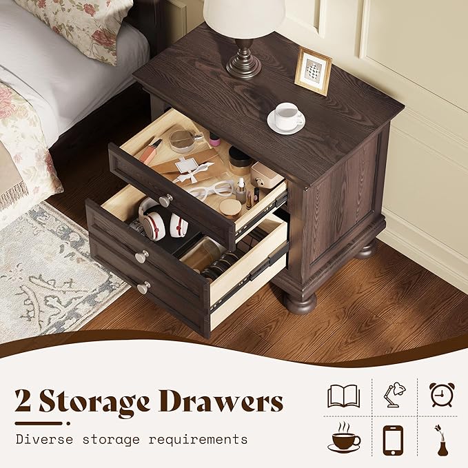 AMERLIFE Solid Wood 3 Piece Bedroom Set Including 65.2" High King Bed Frame, Fully Assembled Nightstands Set of 2 with 2 Storage Drawers for Bedroom, Dark Brown