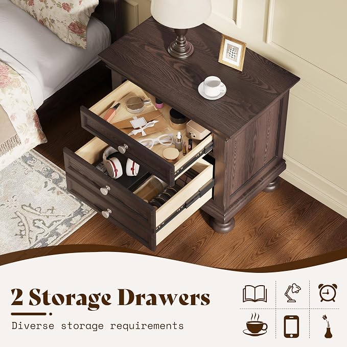 AMERLIFE Fully Assembled Nightstand Set of 2, Solid Wood End Table with 2 Storage Drawers, 26" Extra Large Traditional Bedside Cabinet for Bedroom, Dark Brown - Image 5