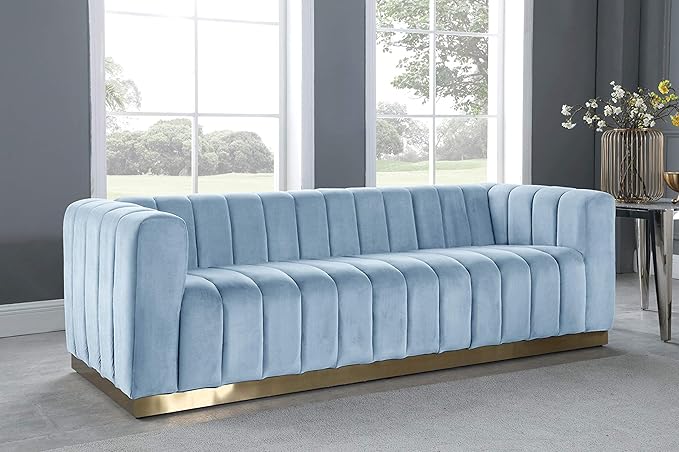 Meridian Furniture 603SkyBlu-S Marlon Collection Modern | Contemporary Velvet Upholstered Sofa with Deep Channlel Tufting and Brushed Gold Finish, Sky Blue, 86.5" W x 34" D x 28" H