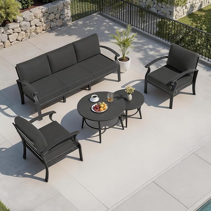 Aluminum Outdoor Patio Furniture Set,5 Seats Patio Conversation Sets with 2 Round Coffee Tables,Metal Patio Sectional Furniture Set with 5.1" Thickened Cushions,Black