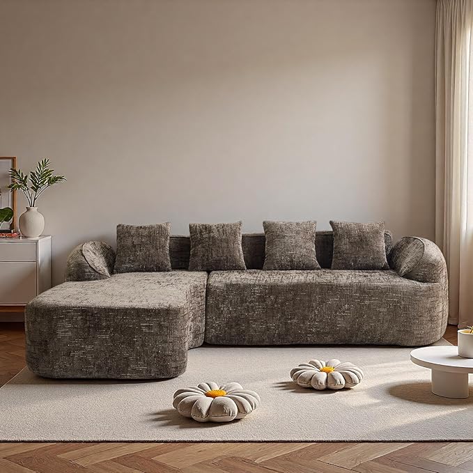 L Shaped Compression Sofa, Modular Couch with Curved Armrests & 4 Coordinating Pillows, Modern 101'' Chenille 4 Seater Sofa with Wide Seat for Living Room, Bedroom, No Assembly, Brown