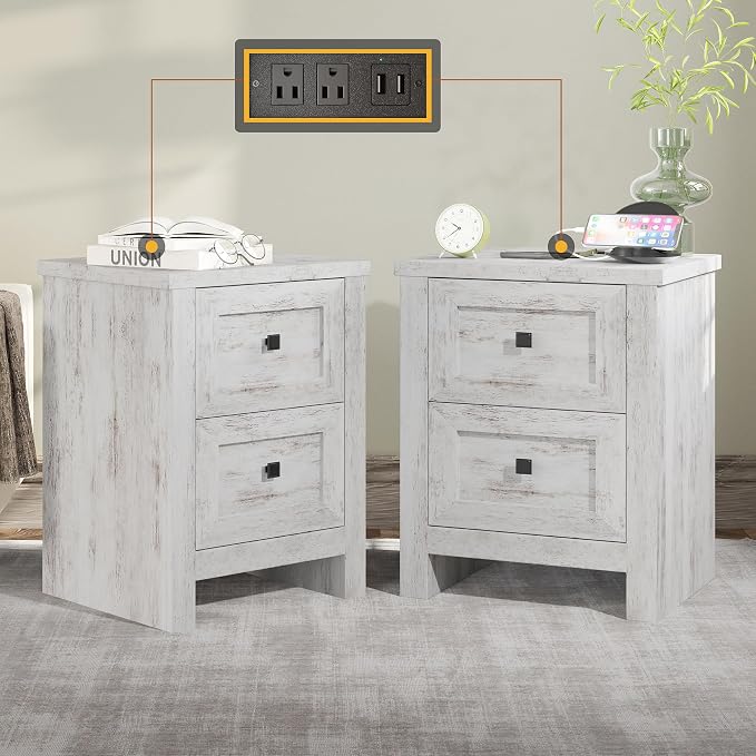 AMERLIFE Large Nightstand Set of 2 with Charging Station, Bedside Table with USB Ports and Outlets, Farmhouse Wood End Table for Bedroom, Distressed White by AMERLIFE