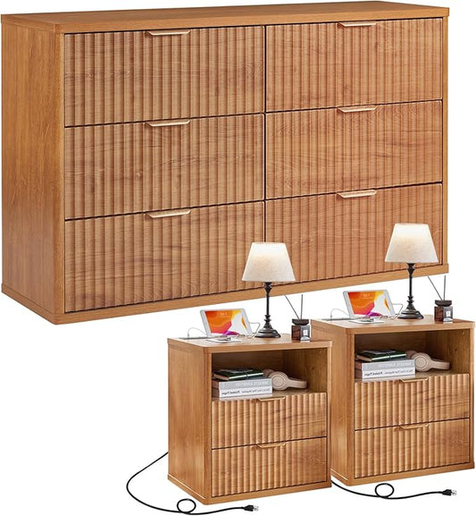 LEYAOYAO 48" Wide Fluted Dresser and 2 Drawers 23" Nightstand Set of 2, Wooden Dresser & Night Stand with Charging Station, 3 Piece Bedroom Furniture Set, Wood Chest of Drawer for Living Room,Brown