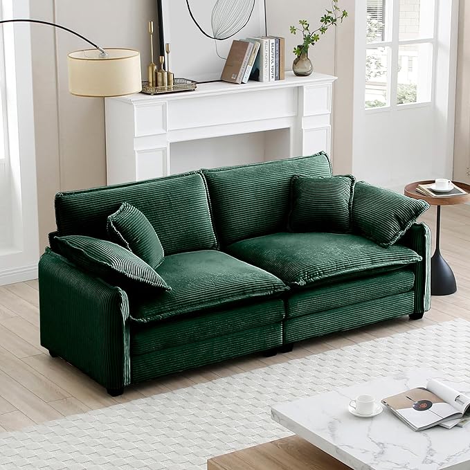 KEIKI 81" Oversized Corduroy Modular Sectional Loveseat Sofa with High-Density Foam Cushions, Removable Armrests, Upholstered Modern 2-Seater Fluffy Corner Couch with 4 Pillow, for Living Room, Green