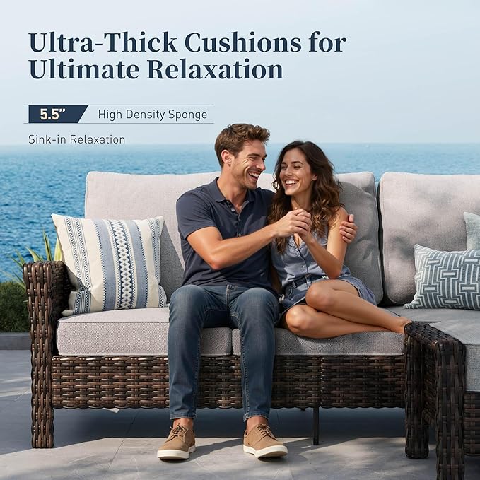 Patio Furniture Set with Swivel Chairs, High Back Wicker Rattan Furniture with 5.5" Thick Cushions and Coffee Table, Outdoor Conversation Set for Backyard Deck,5 Seats, Grey