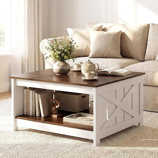 Giantex Farmhouse Coffee Table, 31 Inch Square Wood Coffee Table with Storage Shelf, 2-Tier Vintage Center Table with Open Compartment, Rustic Living Room Table for Home Office, White & Brown